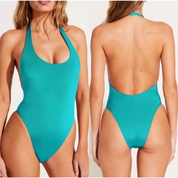 Vitamin A Ribbed One Piece Swimsuit Sleeveless Open Back Aqua Blue Size XS NWOT
